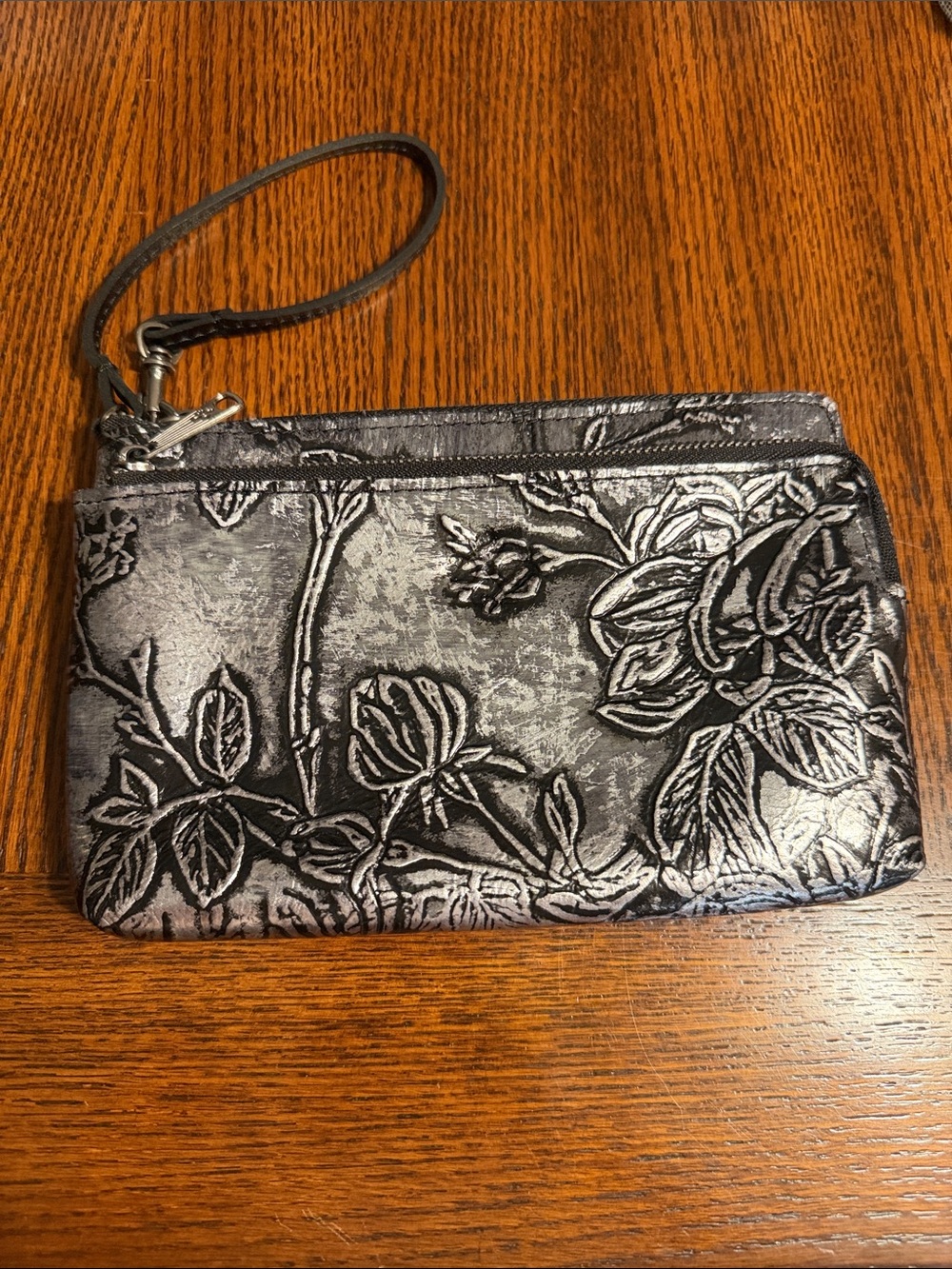 Patricia Nash Black & Silver Floral Embossed Wristlet